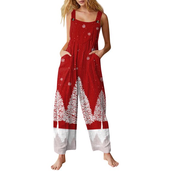 Women's Sleeveless Christmas Print Jumpsuit - Casual Cotton Romper, Wine Red Size S