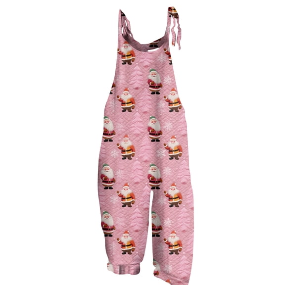 Women's Sleeveless Christmas Printed Cotton Jumpsuit - Casual Loose-Fit Romper, Pink Size L
