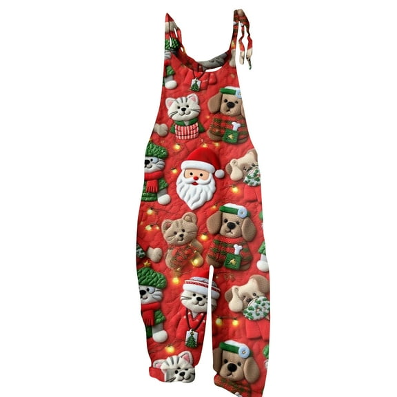 Women's Sleeveless Christmas Printed Cotton Jumpsuit - Casual Loose-Fit Romper, Red Size M
