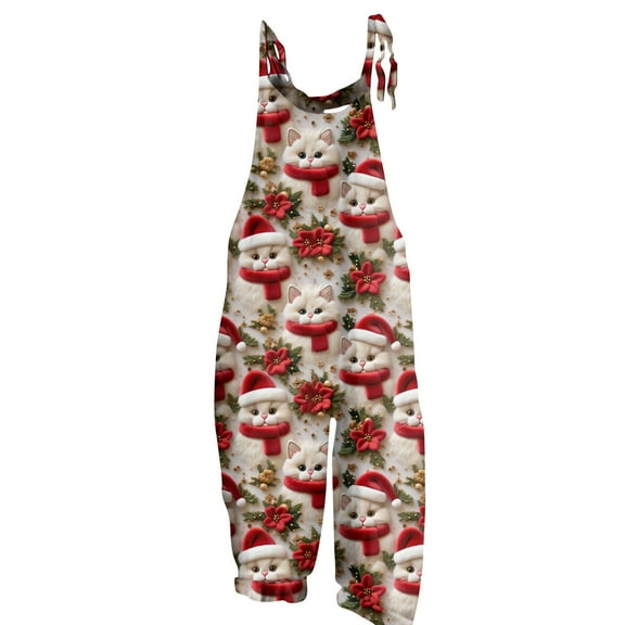 Women's Sleeveless Christmas Printed Cotton Jumpsuit - Casual Loose-Fit Romper, Rose Red Size S