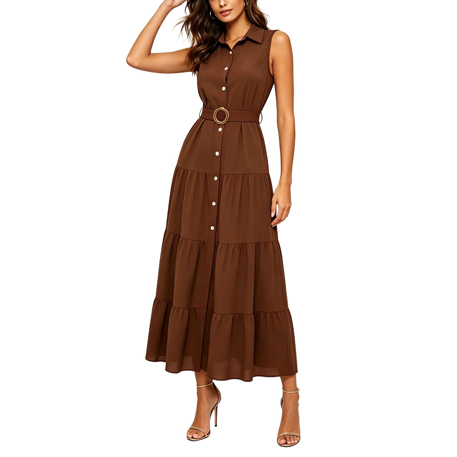Women's Sleeveless Collared Shirt Dress Button Down A-Line Midi Dress with Ruffle Hem & Slit Cinched Waist Layered Flowy Summer Dress for Casual Workwear Brown S(S)