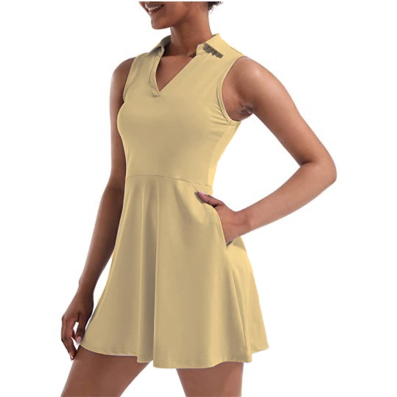 Women's Sleeveless Collared Tennis Dress with Pockets Athletic Fit and Flare Golf Workout Casual Dress