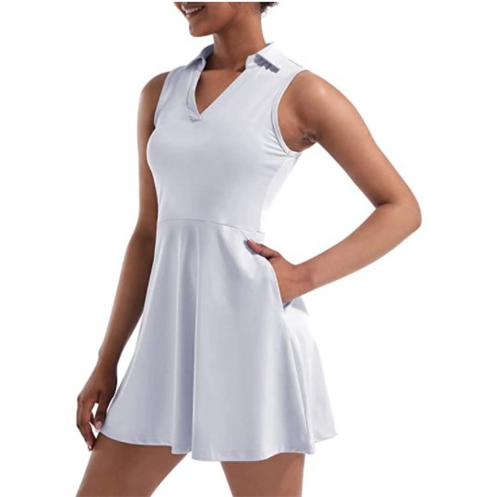 Women's Sleeveless Collared Tennis Dress with Pockets Athletic Fit and Flare Golf Workout Casual Dress