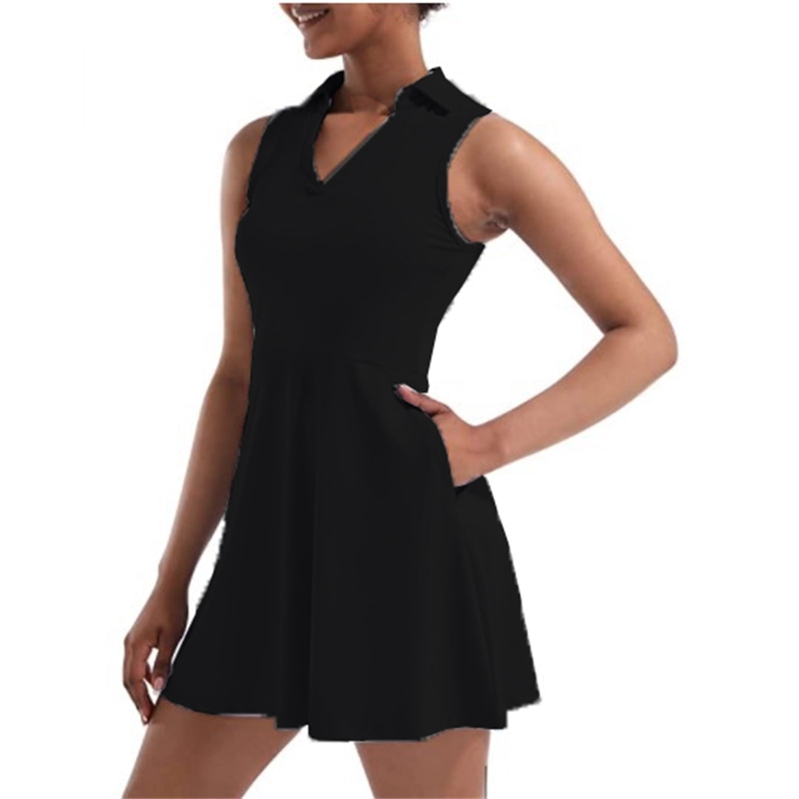 Women's Sleeveless Collared Tennis Dress with Pockets Athletic Fit and Flare Golf Workout Casual Dress