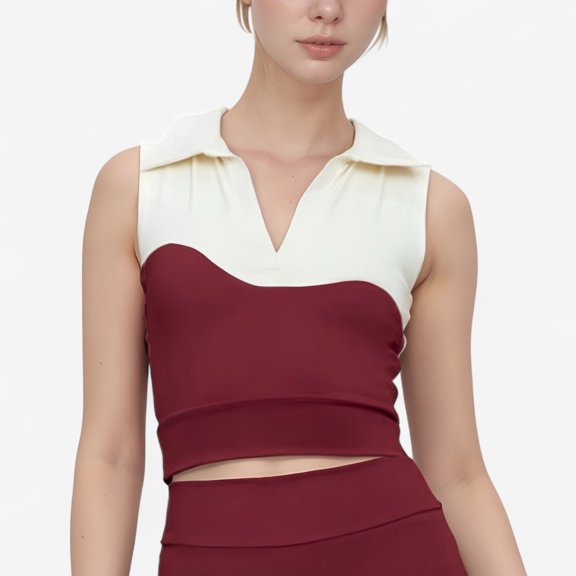Women's Sleeveless Colorblock Cropped Top with Collared Neckline and Sculpted Contrast Design - Large, Burgundy