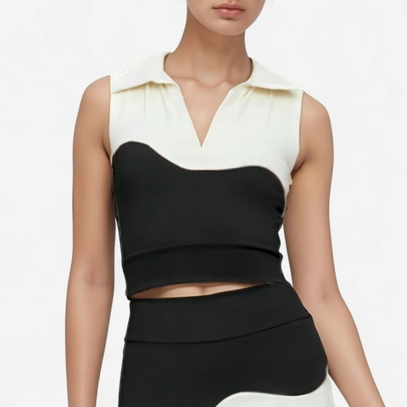 Women's Sleeveless Colorblock Cropped Top with Collared Neckline and Sculpted Contrast Design - Medium, Black