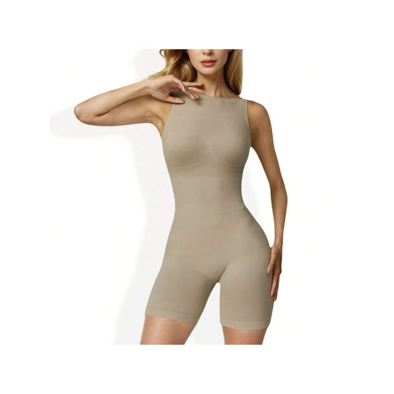 Women's Sleeveless Compression Bodysuit with High Neckline and Seamless Design - Large, Beige