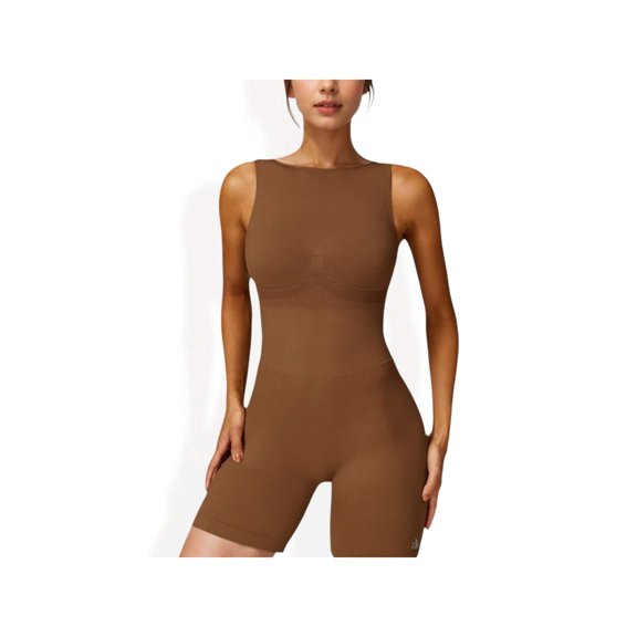 Women's Sleeveless Compression Bodysuit with High Neckline and Seamless Design - Small, Brown