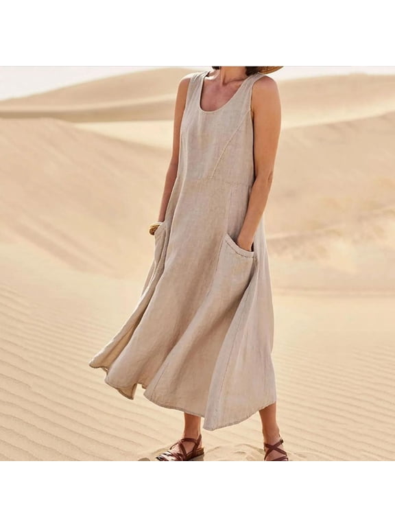 Women's Sleeveless Cotton Linen Loose Long Dress Summer Casual Solid Color Tank Dress Beach Dress with Pockets