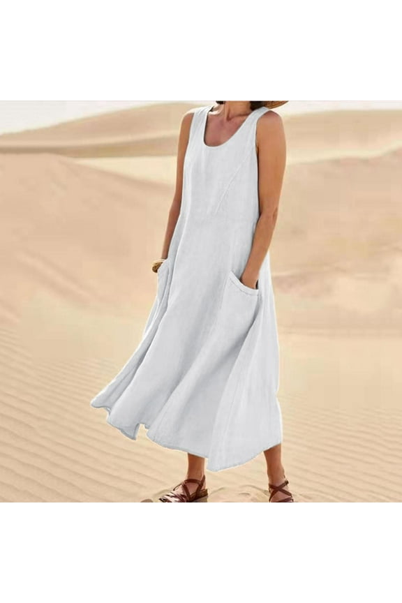 Women's Sleeveless Cotton Linen Loose Long Dress Summer Casual Solid Color Tank Dress Beach Dress with Pockets