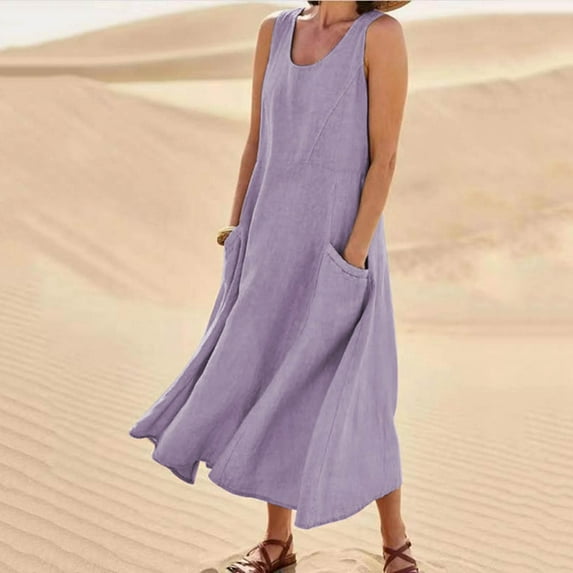 Women's Sleeveless Cotton Linen Loose Long Dress Summer Casual Solid Color Tank Dress Beach Dress with Pockets