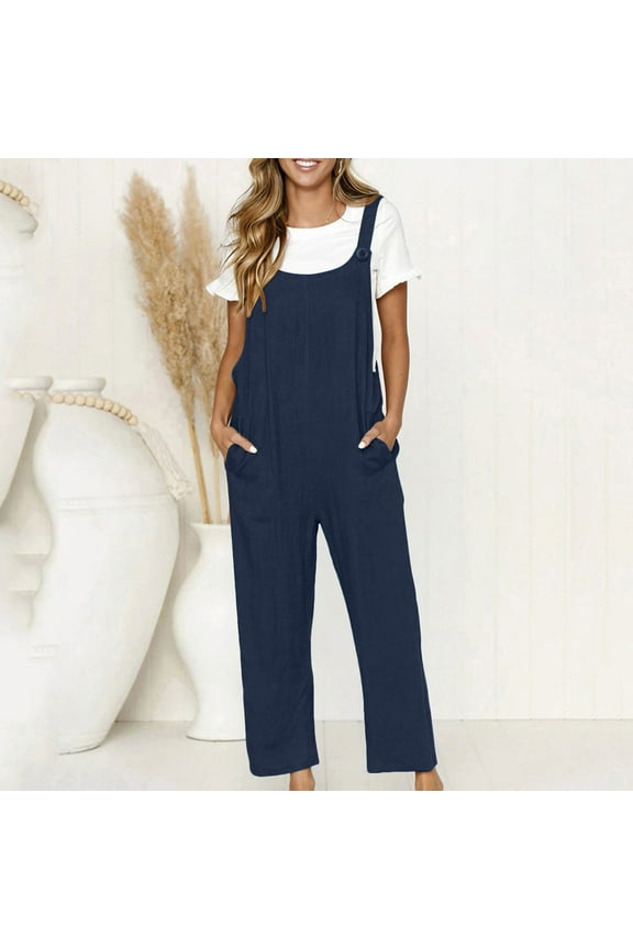 Women's Sleeveless Cotton Linen Overalls Rompers Baggy Wide Leg Jumpsuits Boho Jumpers Summer Outfits Pockets Bib Overalls