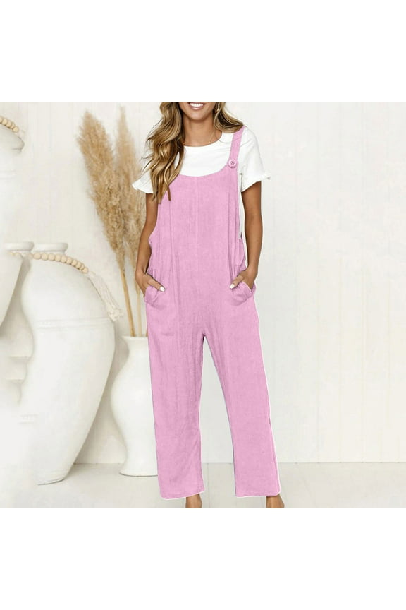Women's Sleeveless Cotton Linen Overalls Rompers Baggy Wide Leg Jumpsuits Boho Jumpers Summer Outfits Pockets Bib Overalls