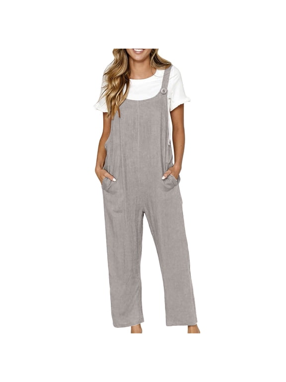 Women's Sleeveless Cotton Linen Overalls Rompers Baggy Wide Leg Jumpsuits Boho Jumpers Summer Outfits Pockets Bib Overalls