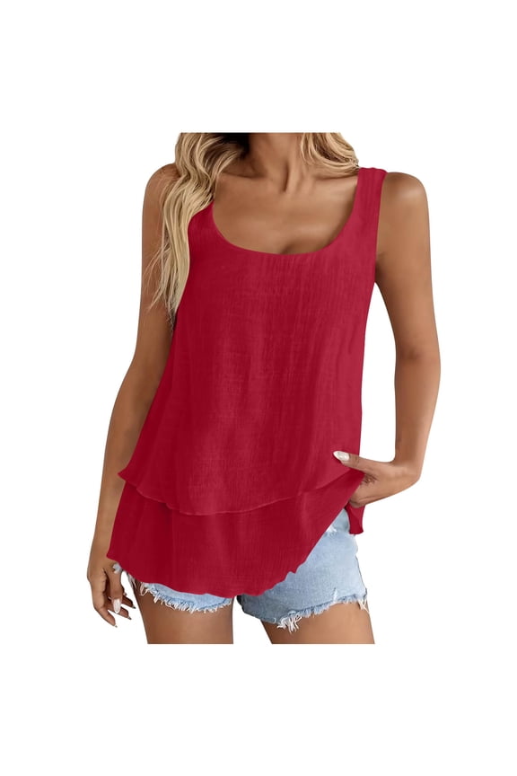 Women's Sleeveless Cotton Linen Tank Top Flowy Double Layers Casual Blouse Tunic for Work Beach Holiday