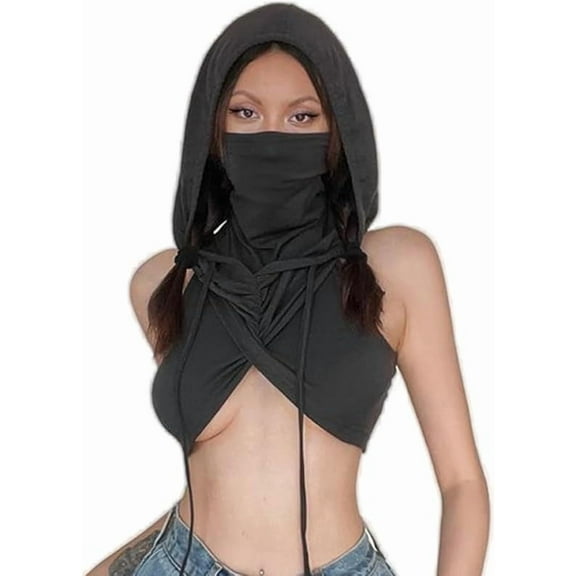 Women's Sleeveless Cover Up Hooded Crop Top Y2k Streetwear Rave Outfit
