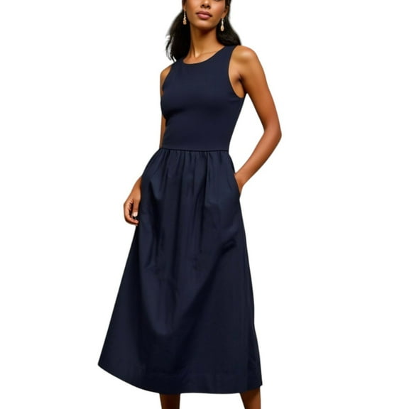 Women's Sleeveless Crew Neck Fit and Flare Midi Dress with Gathered Waist and Pockets - Medium, Navy