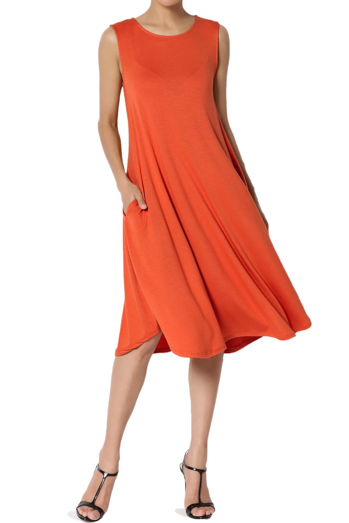 Women's Sleeveless Crew Neck Jersey Swing A-line Below Knee Midi Dress w Pocket Copper L ...