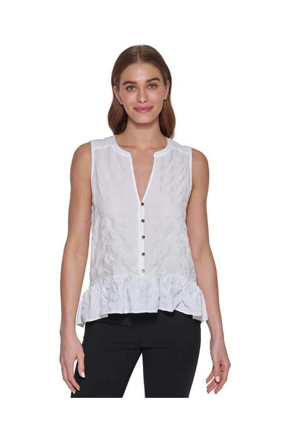 Women's Sleeveless Crinkled Ruffled-Hem Top Linen White S