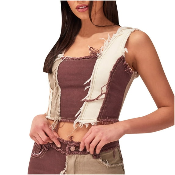 Women's Sleeveless Crop Denim Tank Tops Square Neck Color Block Patchwork Cami Shirts Slim Fitted Basic Crop Tops