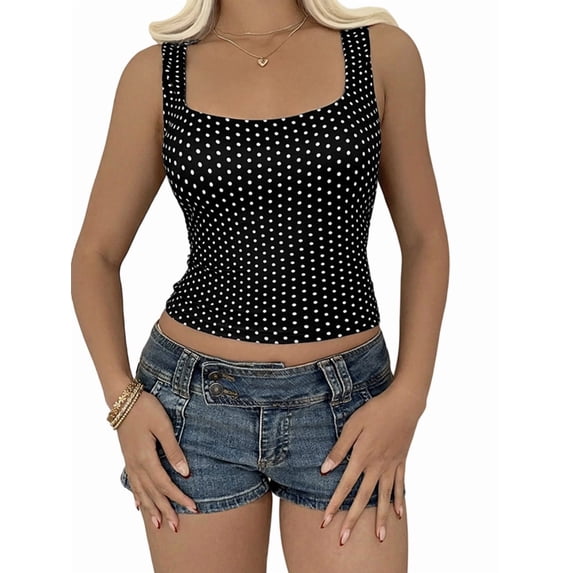 Women's Sleeveless Crop Tank Polka Dots Going Out Basic Tops for Summer Black L