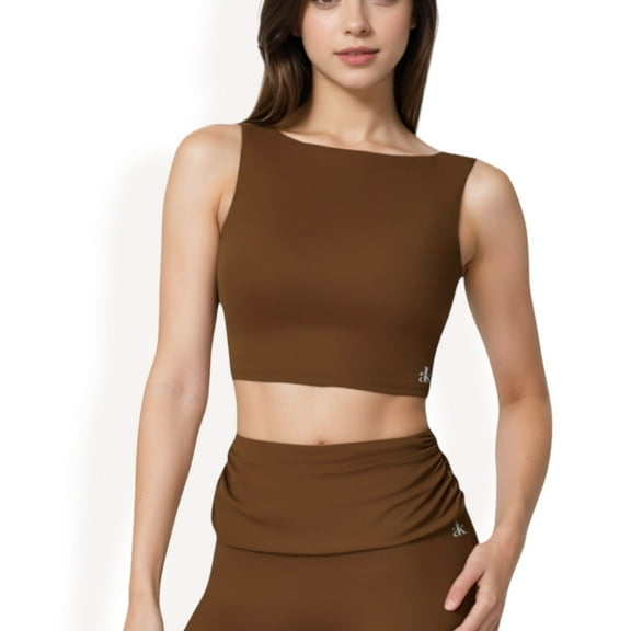 Women's Sleeveless Crop Top with High Neckline - Medium, Brown