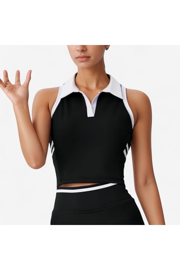Women's Sleeveless Cropped Polo Top with Contrast Collar and Side Stripe Detail - Medium, Black