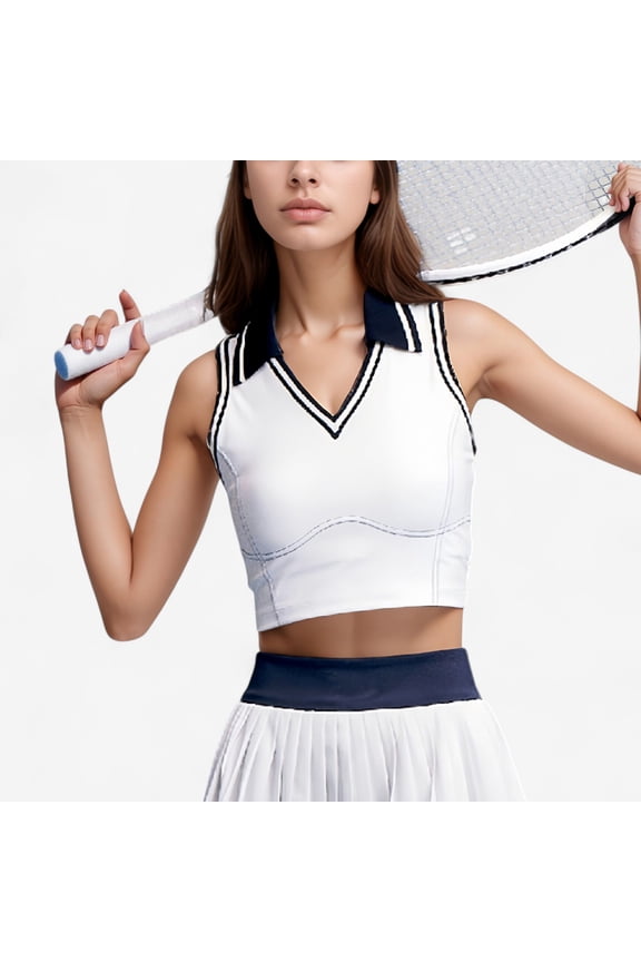 Women's Sleeveless Cropped Tennis Top with Contrast Collar and V-Neckline - Medium, Navy