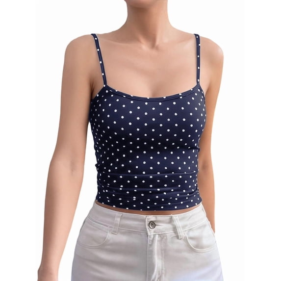 Women's Sleeveless Cute Cropped Tank Tops Polka Dots Going Out Camisole for Summer Dark Blue M