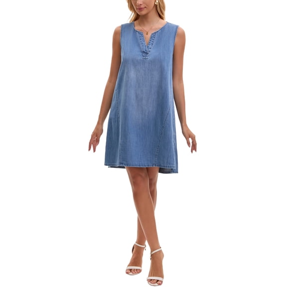 Women's Sleeveless Denim Dress Knee Length Casual Loose Tunic Jean Dress L Blue
