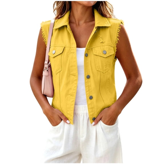 Women's Sleeveless Denim Lapel Button Down Distressed Jean Waistcoat Casual Outerwear Gilet With Pockets