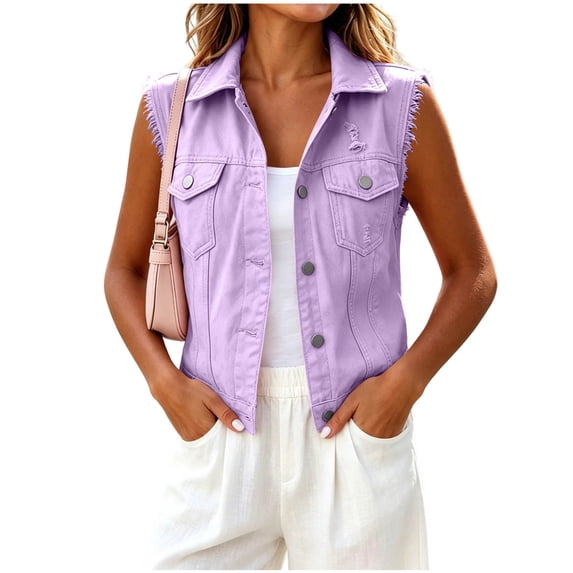Women's Sleeveless Denim Lapel Button Down Distressed Jean Waistcoat Casual Outerwear Gilet With Pockets