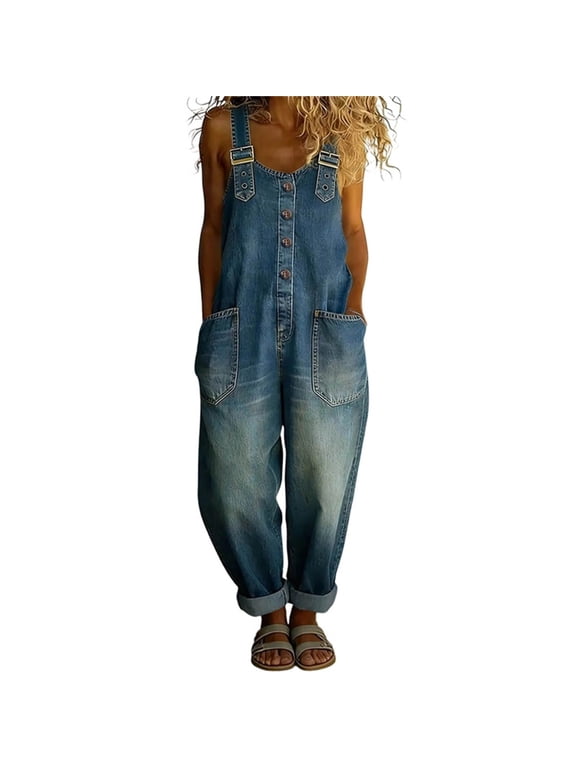 Women's Sleeveless Denim Overalls Jumpsuit Adjustable Shoulder Straps Long Pants Romper with Pockets, Casual Loose Fit Jean One Piece Outfit Blue-A