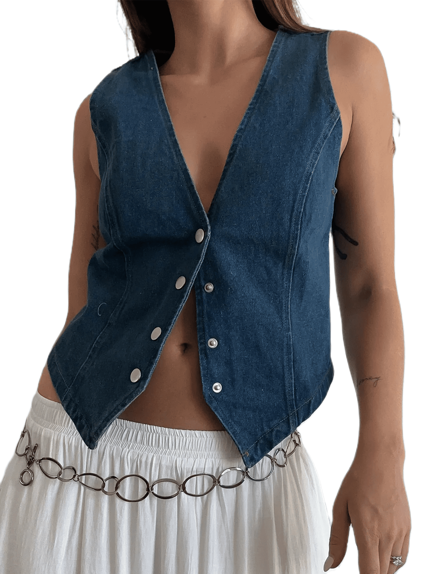 Women's Sleeveless Denim Vest V Neck Button Down Jean Waistcoat Jacket