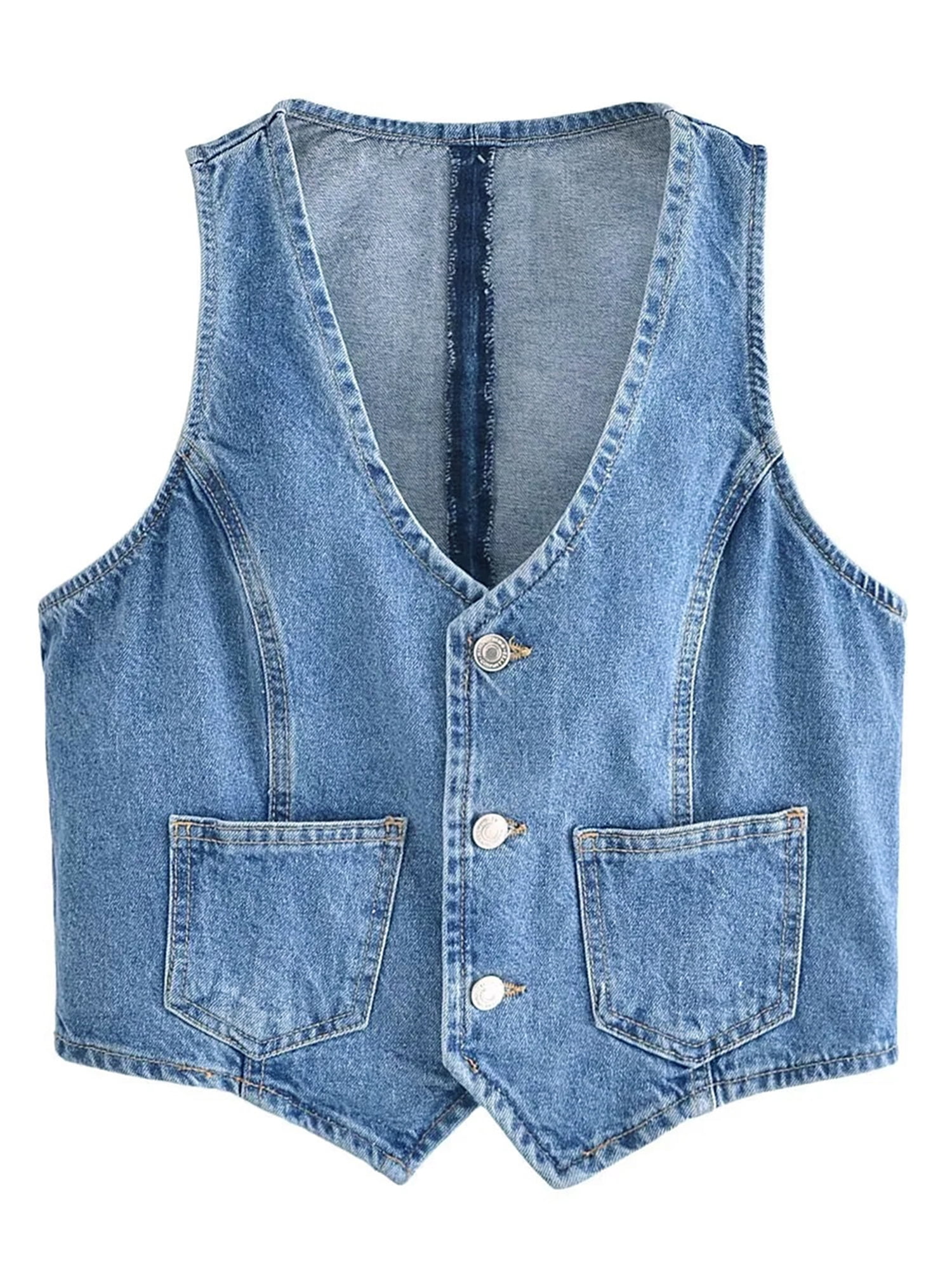 Women's Sleeveless Denim Vest V Neck Button Down Lightweight Jean