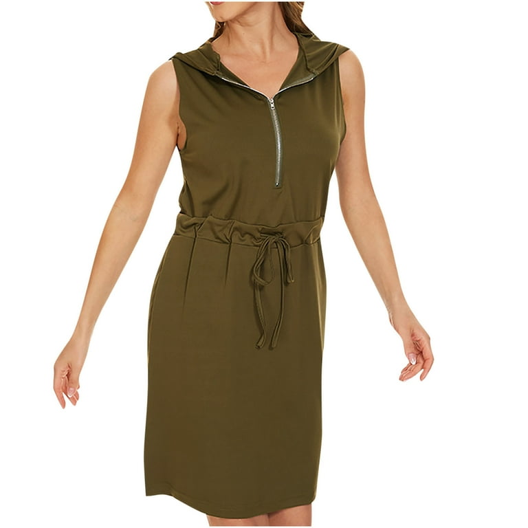 Women's Sleeveless Drawstring Hoodie Dress Athletic Loose Fit - Main Image