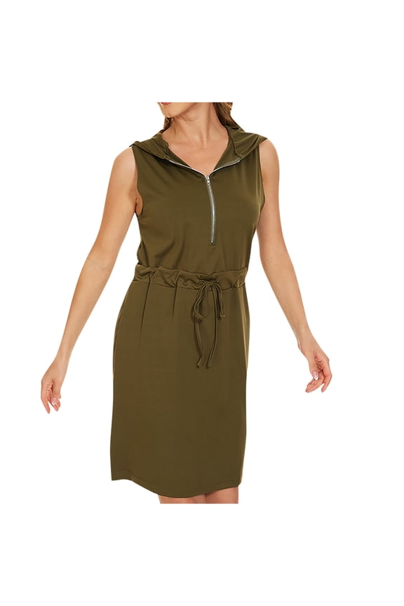 Women's Sleeveless Drawstring Hoodie Dress Athletic Loose Fit Casual Tunic Tank Dress Zip Up Lightweight Golf Dresses