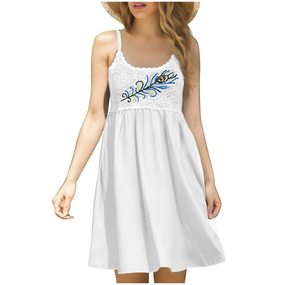 Women’s Sleeveless Embroidered Dress Floral Boho Sundress Casual Summer Swing A-Line Dresses
