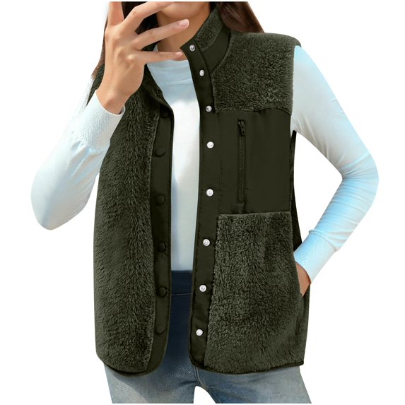 Women's Sleeveless Faux Fur Vest, Stand Collar Patchwork Jacket, Lightweight Fleece Vest with 3 Pockets, Casual Commute Vest, Button Front Vest Green S
