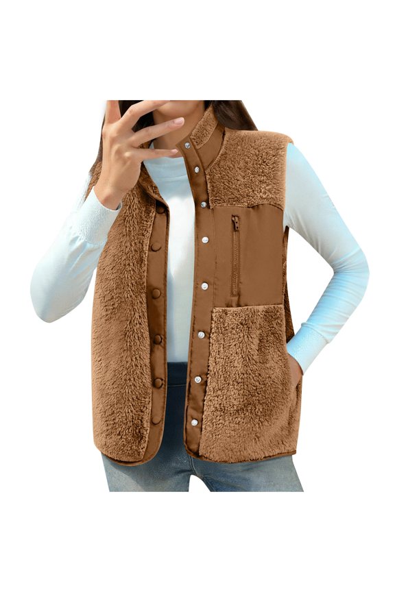 Women's Sleeveless Faux Fur Vest, Stand Collar Patchwork Jacket, Lightweight Fleece Vest with 3 Pockets, Casual Commute Vest, Button Front Vest Khaki S