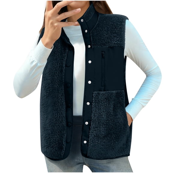 Women's Sleeveless Faux Fur Vest, Stand Collar Patchwork Jacket, Lightweight Fleece Vest with 3 Pockets, Casual Commute Vest, Button Front Vest Navy L