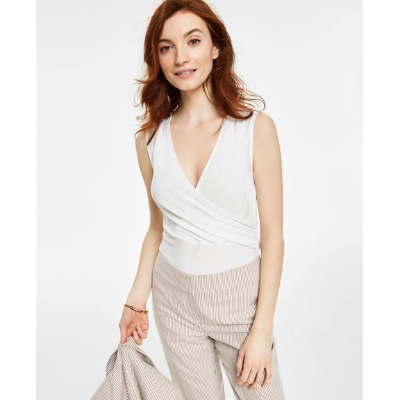 Women's Sleeveless Faux-Wrap V-Neck Blouse Lily White L