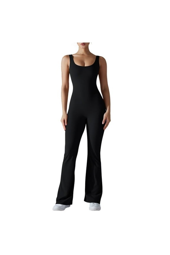 Women's Sleeveless Flared Jumpsuit Sexy Backless Bodycon V Back Bodycon Yoga Jumpsuit Seamless Fitness Bodysuit