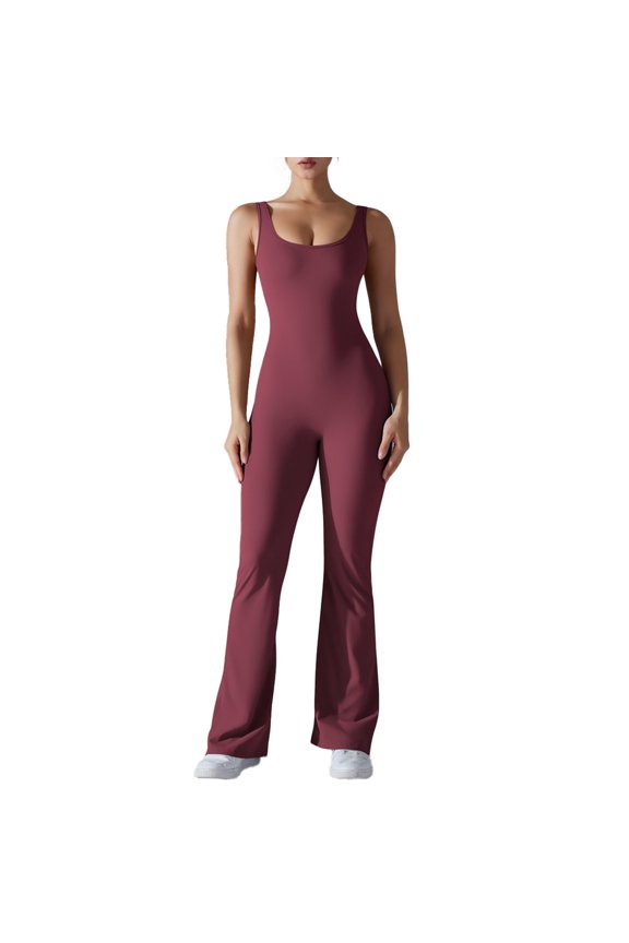 Women's Sleeveless Flared Jumpsuit Sexy Backless Bodycon V Back Bodycon Yoga Jumpsuit Seamless Fitness Bodysuit