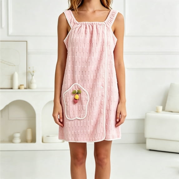 Women's Sleeveless Fleece Bath Wrap Button Down Short Robe with Pocket and Cherry Embellishment Sleepwear