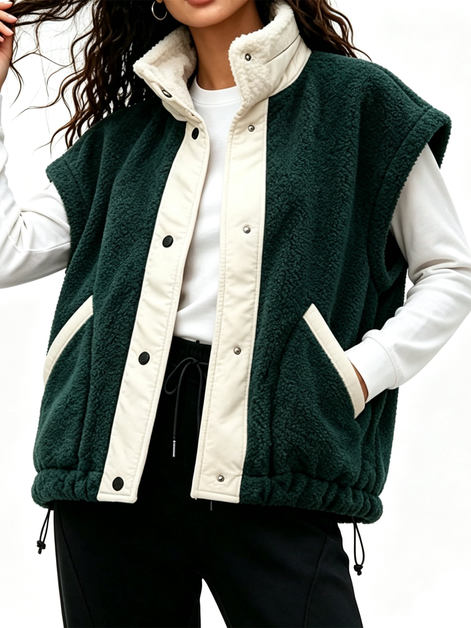 Women's Sleeveless Fleece Vest Stand Collar Snap Button Outerwear with ...