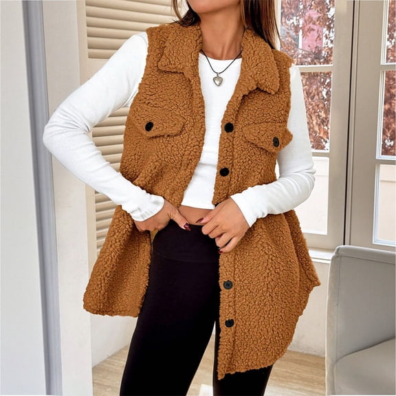 Women's Sleeveless Fleece Vest, Teddy Plush Winter Vest, Thick Warm Cardigan Style Long Vest for Autumn and Winter, Lightweight Insulated Vest with Checked Print for Casual and Commute Wear Gold M