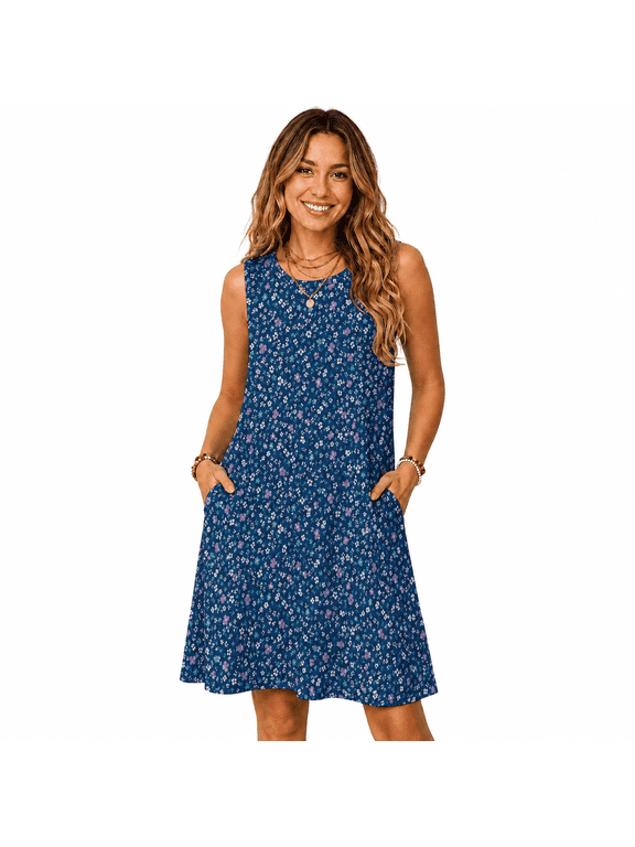 Women's Sleeveless Floral A-Line Casual Dress with Pockets