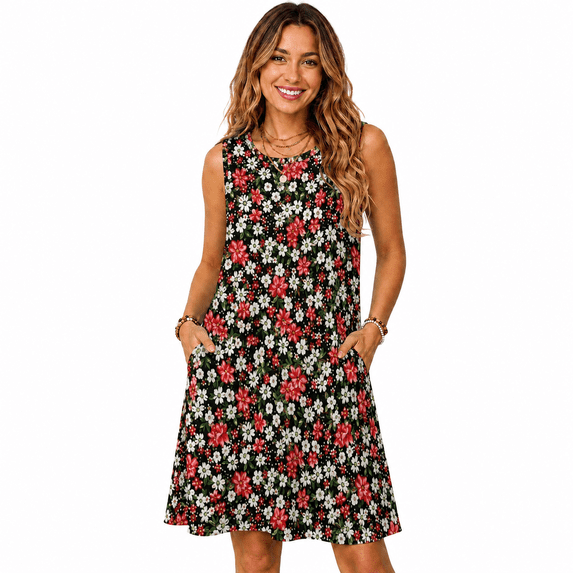 Women's Sleeveless Floral A-Line Casual Dress with Pockets