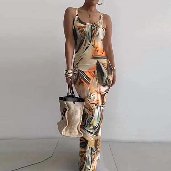 Women's Sleeveless Floral Print Maxi Dress,Bodycon with V-Neck, backless dress Casual Wear Spaghetti Strap Womenswear dress